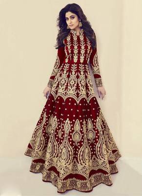 Maroon Embroidered Silk Blend Semi Stitched Salwar With Dupatta 1