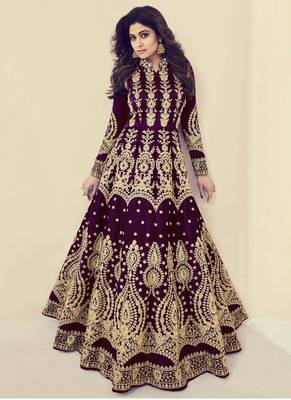 Wine Embroidered Silk Blend Semi Stitched Salwar With Dupatta 1