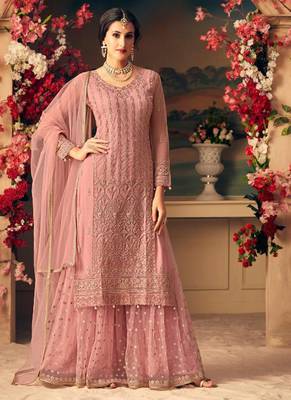 pink embroidered net semi stitched salwar with dupatta 1