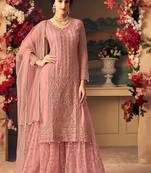 pink embroidered net semi stitched salwar with dupatta