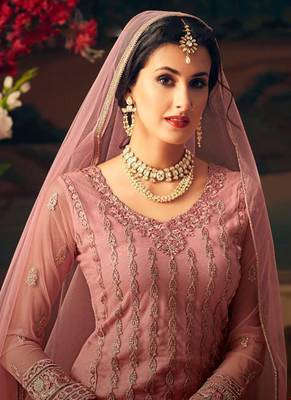pink embroidered net semi stitched salwar with dupatta 2