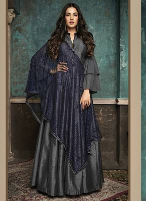 Grey Embroidered Silk Blend Semi Stitched Salwar With Dupatta 1