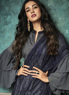 Grey Embroidered Silk Blend Semi Stitched Salwar With Dupatta 2
