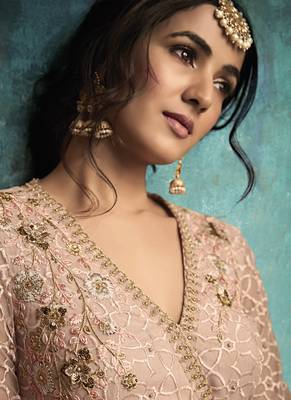 Pink Embroidered Net Semi Stitched Salwar With Dupatta 3
