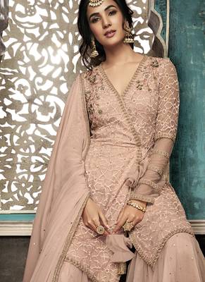 Pink Embroidered Net Semi Stitched Salwar With Dupatta 4