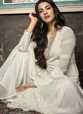 White Embroidered Georgette Semi Stitched Salwar With Dupatta 2