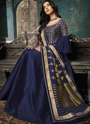 Blue Embroidered Silk Blend Semi Stitched Salwar With Dupatta 2