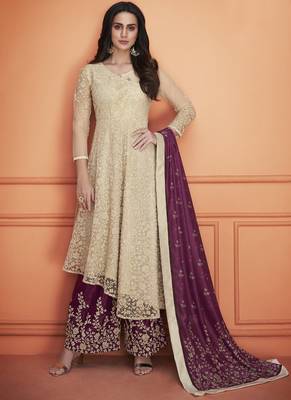 off white embroidered net stitched salwar with dupatta 1