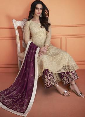 off white embroidered net stitched salwar with dupatta 2