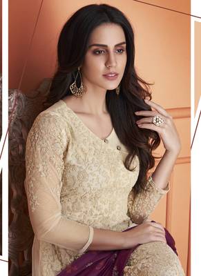 off white embroidered net stitched salwar with dupatta 3