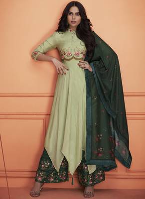 green embroidered silk blend stitched salwar with dupatta 1