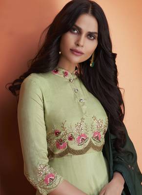 green embroidered silk blend stitched salwar with dupatta 2