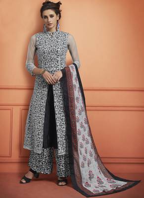Black Embroidered Net Stitched Salwar With Dupatta 1