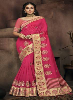 Pink embroidered satin saree with blouse 1