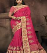 Pink embroidered satin saree with blouse