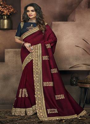 Wine embroidered satin saree with blouse 1