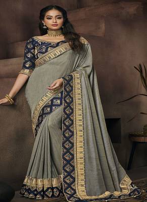 Grey embroidered satin saree with blouse 1