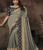 Grey embroidered satin saree with blouse
