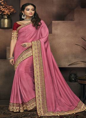 Rose embroidered satin saree with blouse 1