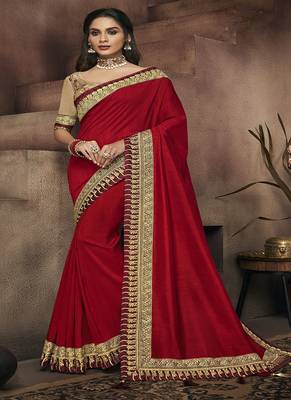 Maroon embroidered satin saree with blouse 1