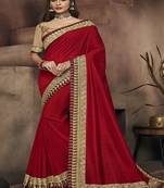 Maroon embroidered satin saree with blouse