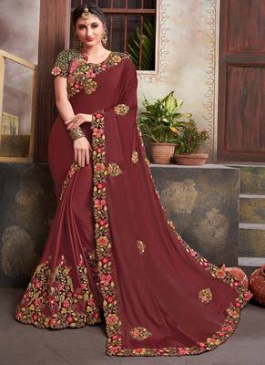 Coffee embroidered silk saree with blouse 1