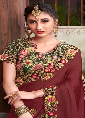 Coffee embroidered silk saree with blouse 2