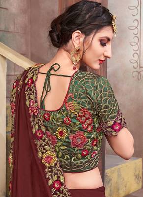 Coffee embroidered silk saree with blouse 3