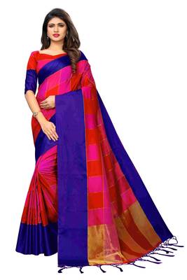 Multicolor plain cotton silk saree with blouse 1