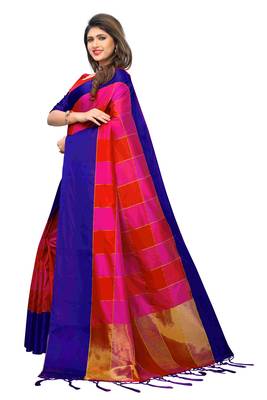 Multicolor plain cotton silk saree with blouse 2