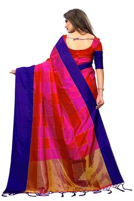 Multicolor plain cotton silk saree with blouse 3