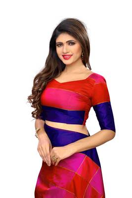 Multicolor plain cotton silk saree with blouse 5