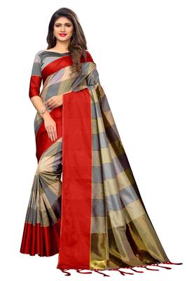 Multicolor plain cotton silk saree with blouse 1