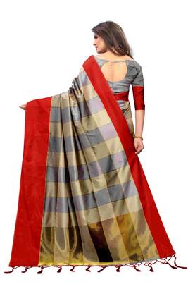 Multicolor plain cotton silk saree with blouse 3