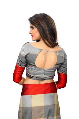 Multicolor plain cotton silk saree with blouse 4