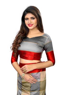 Multicolor plain cotton silk saree with blouse 5