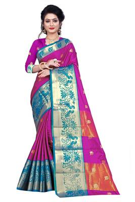   Magenta Woven Silk Blend Saree With Blouse 1