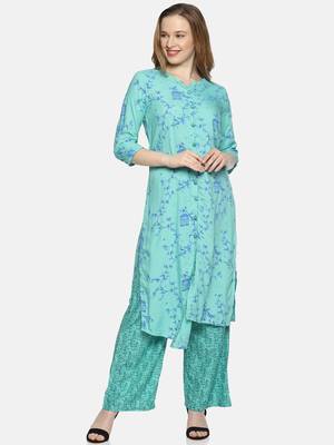 Sea-green printed rayon ethnic-kurtis 1