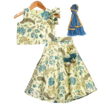 Turquoise Blue Printed Chanderi Lehenga with Asymmetric Top 1