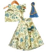 Turquoise Blue Printed Chanderi Lehenga with Asymmetric Top