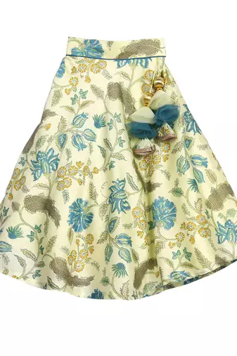 Turquoise Blue Printed Chanderi Lehenga with Asymmetric Top