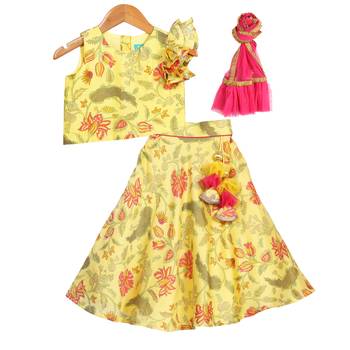 Yellow Printed Chanderi Lehenga with Asymmetric Top 1