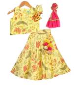 Yellow Printed Chanderi Lehenga with Asymmetric Top