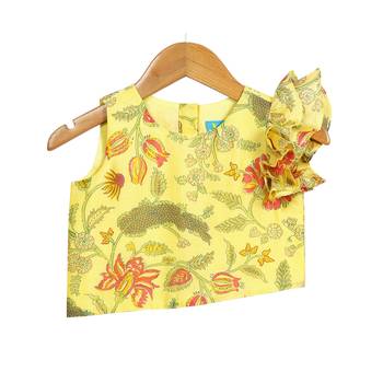 Yellow Printed Chanderi Lehenga with Asymmetric Top 2