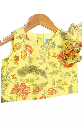 Yellow Printed Chanderi Lehenga with Asymmetric Top