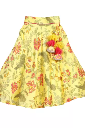 Yellow Printed Chanderi Lehenga with Asymmetric Top