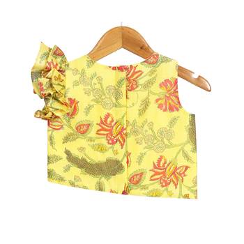 Yellow Printed Chanderi Lehenga with Asymmetric Top 4