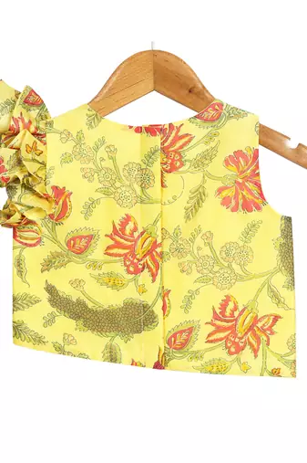 Yellow Printed Chanderi Lehenga with Asymmetric Top