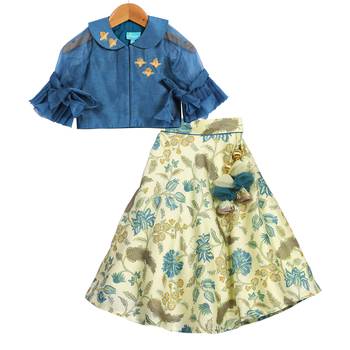 Turquoise Blue Printed Chanderi Lehenga with Peter Pan Collar Crop Top 1
