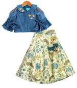 Turquoise Blue Printed Chanderi Lehenga with Peter Pan Collar Crop Top